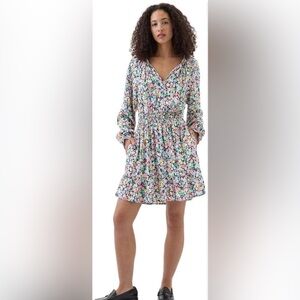 GAP Floral V‑Neck Smocked Waist Mini Dress - White with Multicolor Floral